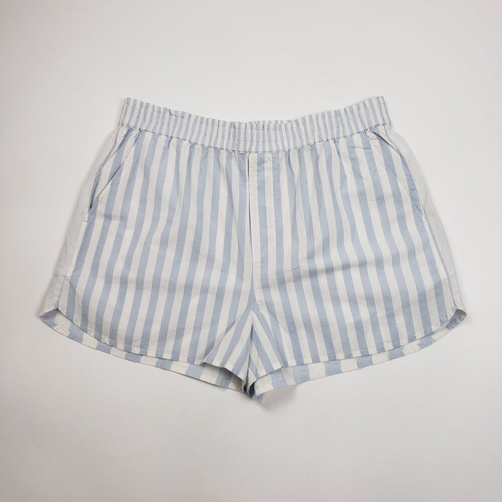 Madewell Cotton Poplin Pull-On Shorts Women's Sz Large Weathered Sky Blue Stripe - Picture 3 of 16